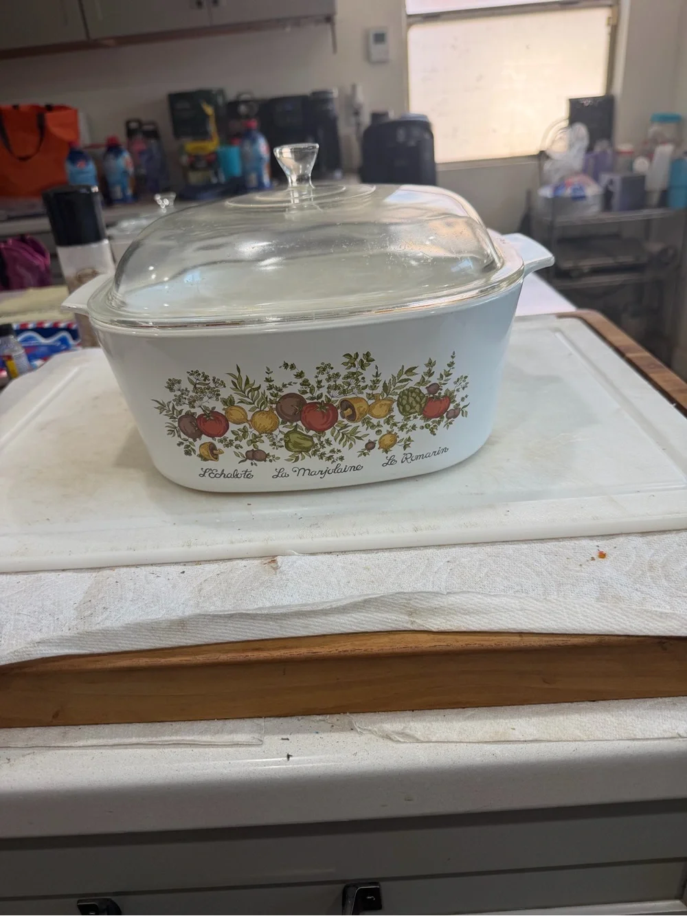 Corningware White Casserole with Fruit Pattern and Clear Glass Lid Spice of Life